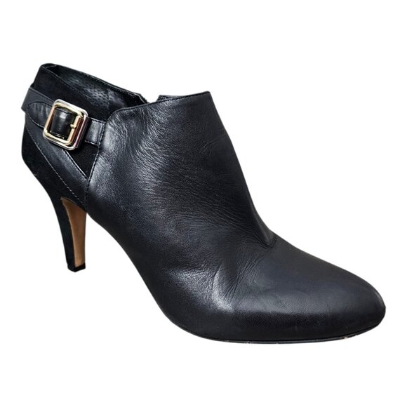 Vince Camuto Vayda Leather & Suede Buckle Black Bootie Heel Ankle Boot - Picture 2 of 13